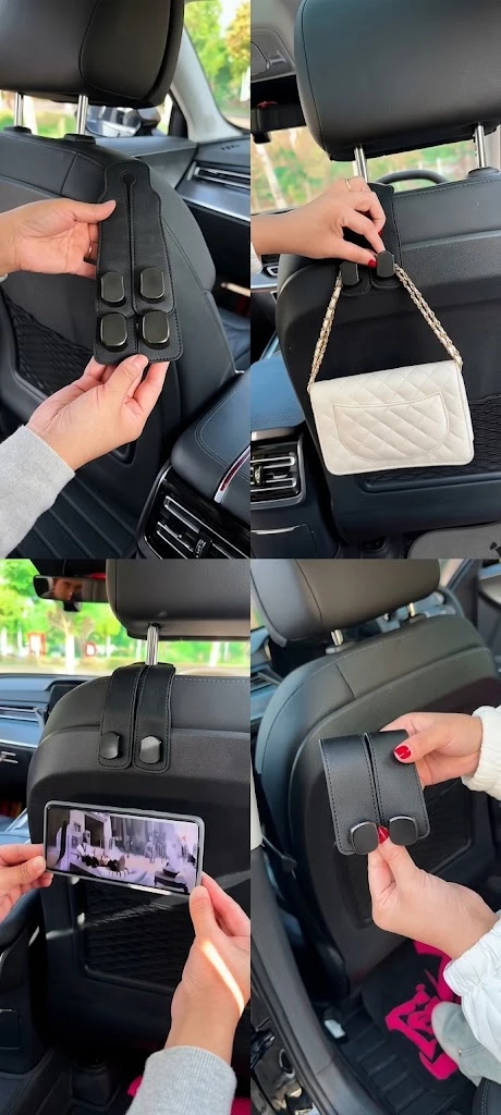 1pcs 2-in-1 Leather Car Seat Back Double Hanger & Phone Holder for Bags,